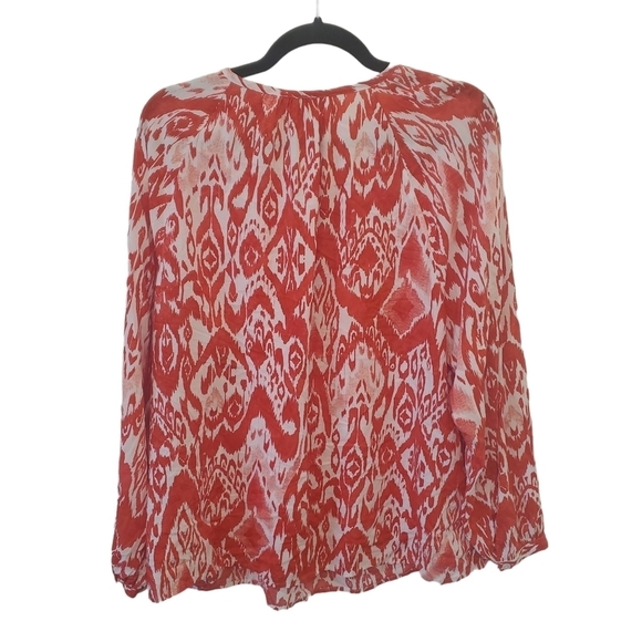 Chico's Size 1 100% Modal Ikat Fringe Tie Blouse - Picture 2 of 7